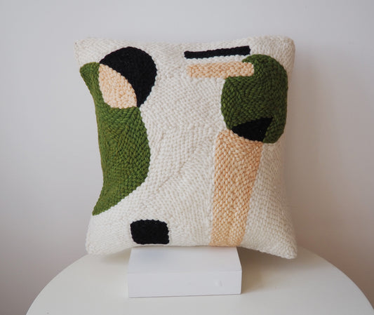 Hand made abstract art pillow made using the Oxford Punch needle and Canadian dyed wool. Insert made with 100% up-cycled material. 